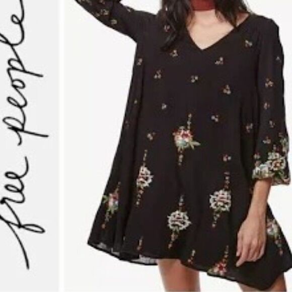 Free People Oxford Floral Embroidered Mini Dress Black Color Size S - Picture 1 of 9